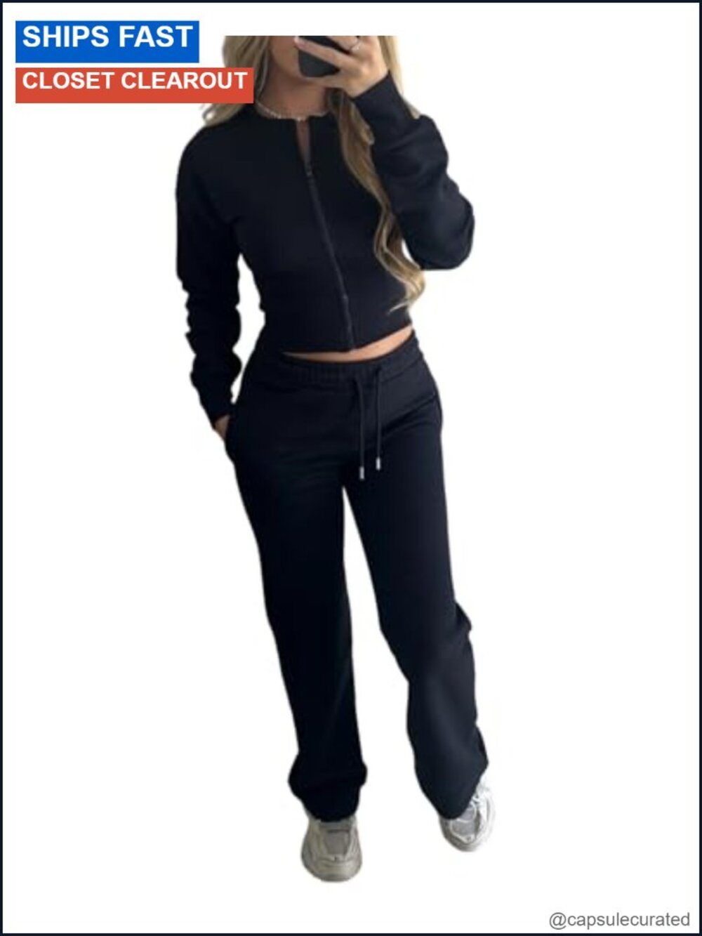Fall Women's 2 Piece Sweatsuit Set Zip Up Crop Jacket Matching Lounge Set
